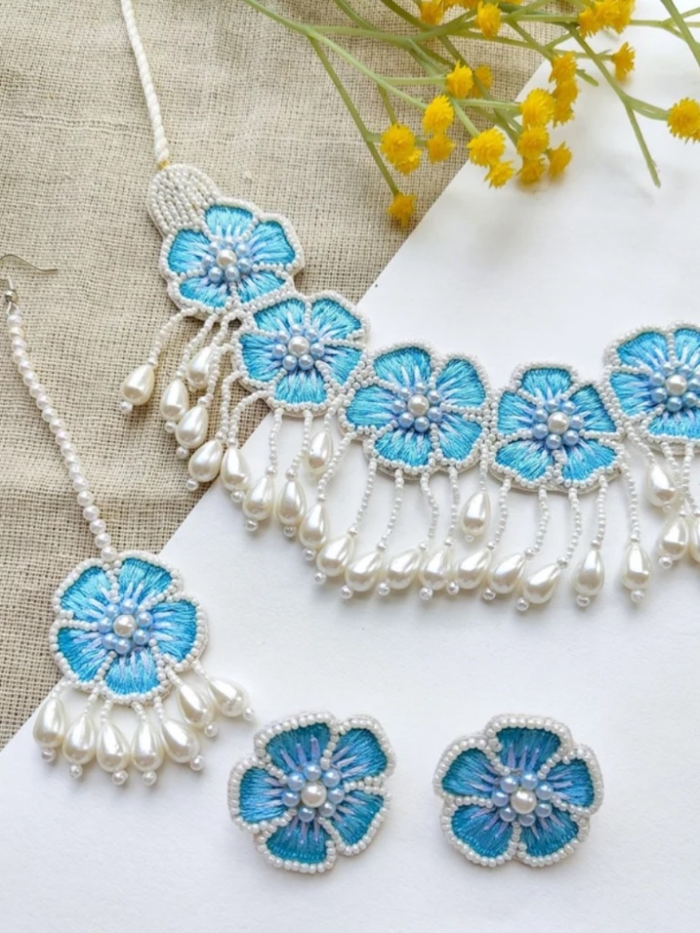 Blue and/or Pink Handmade Necklace Set for Haldi, Mehndi